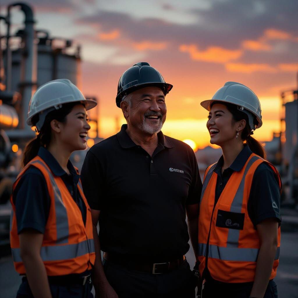Filipino Workers in an Industrial Sunset, Cinematic Style