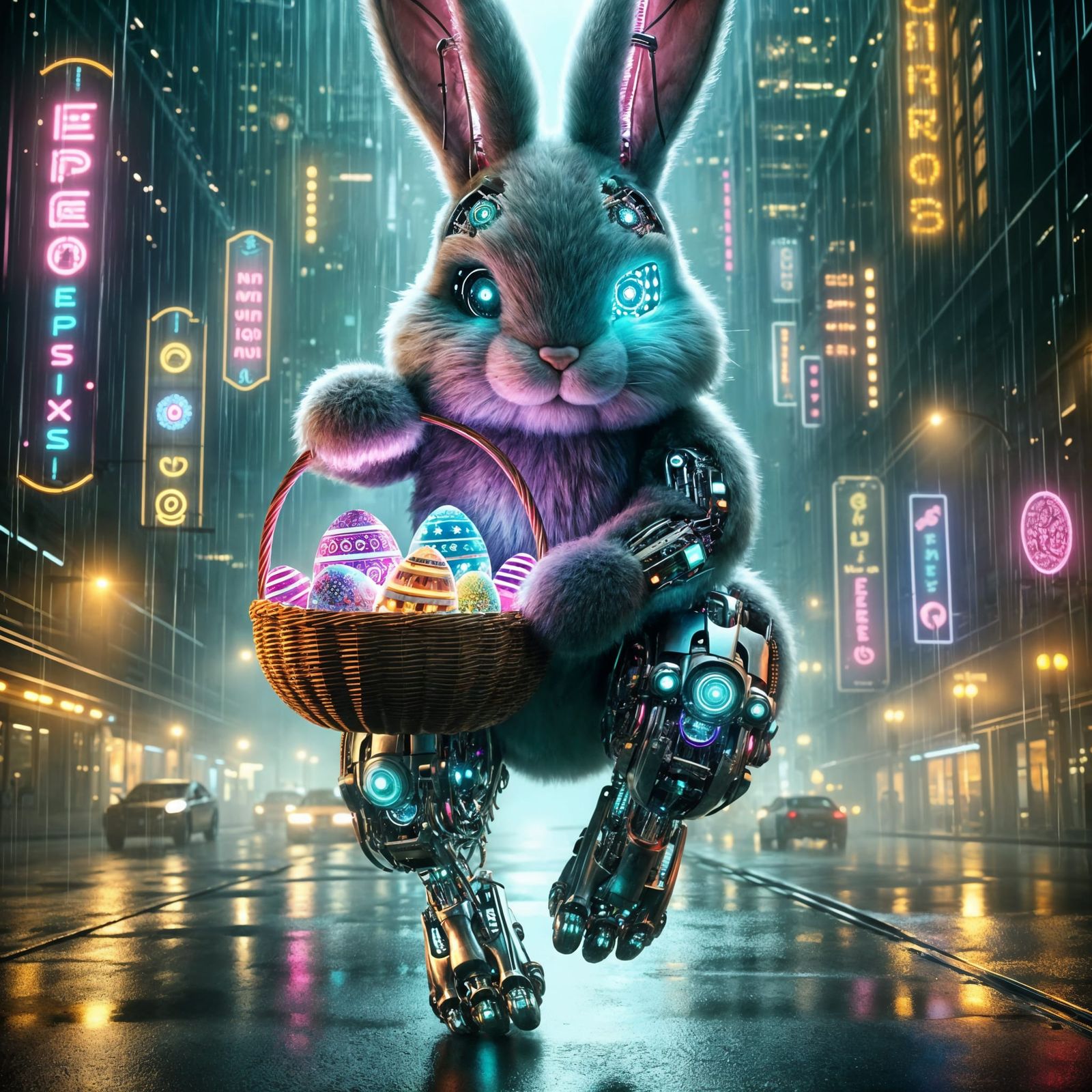 Cybernetic Easter Bunny Embarks on a Futuristic Egg Hunt