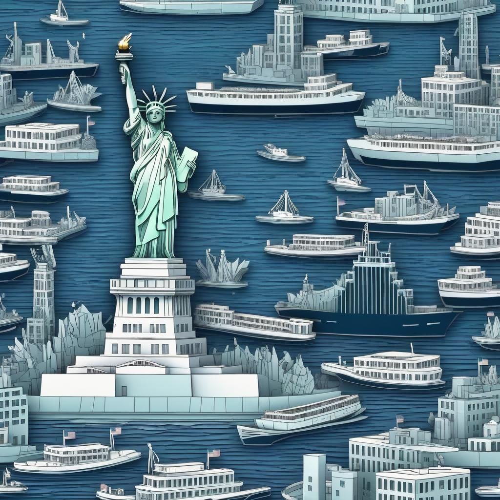 Kirigami statue of liberty hyperdetailed long shot in harbor