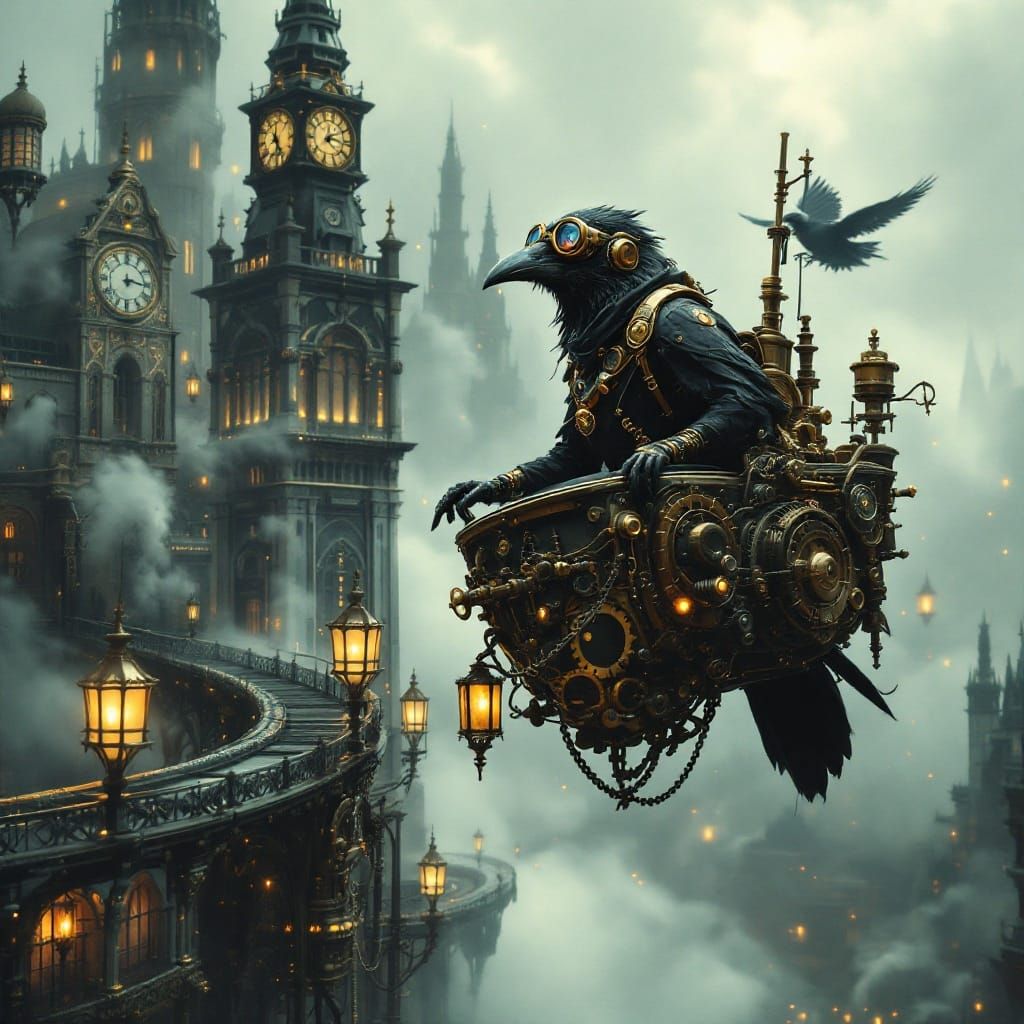 Clockwork Crow Adventurer in Steampunk Cityscape