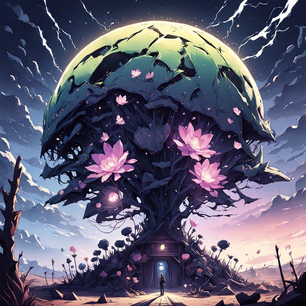 Alien Flower Farm in War-Torn Desert at Twilight