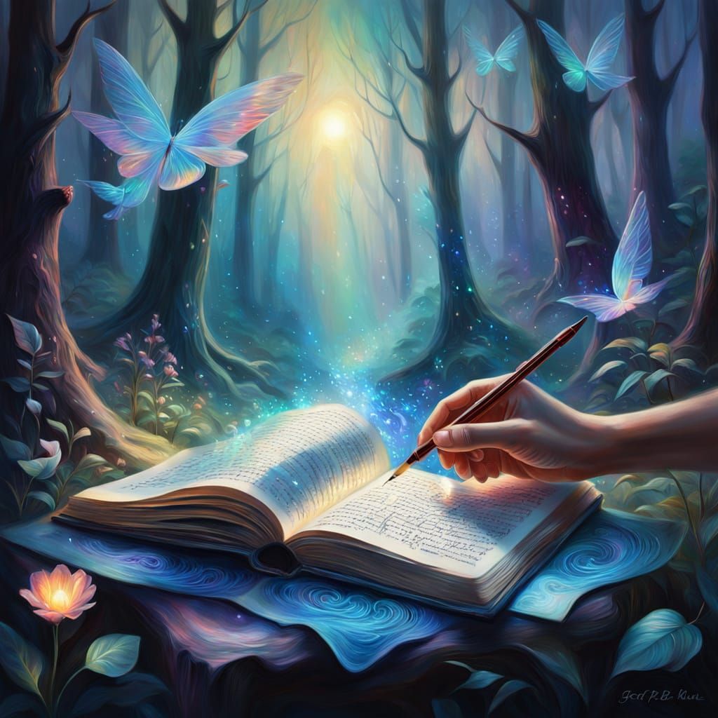 Ethereal Poet in a Glowing, Mystical Forest