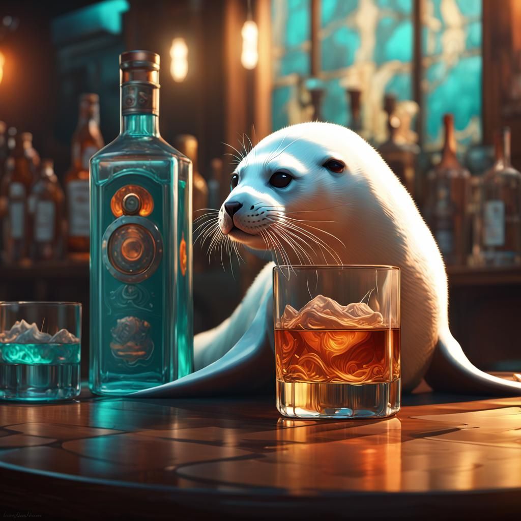 Baby Seal Drinks Whiskey: Hyperdetailed Concept Art