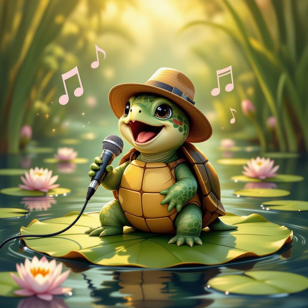 Turtle Singer in Pond, Whimsical Digital Art