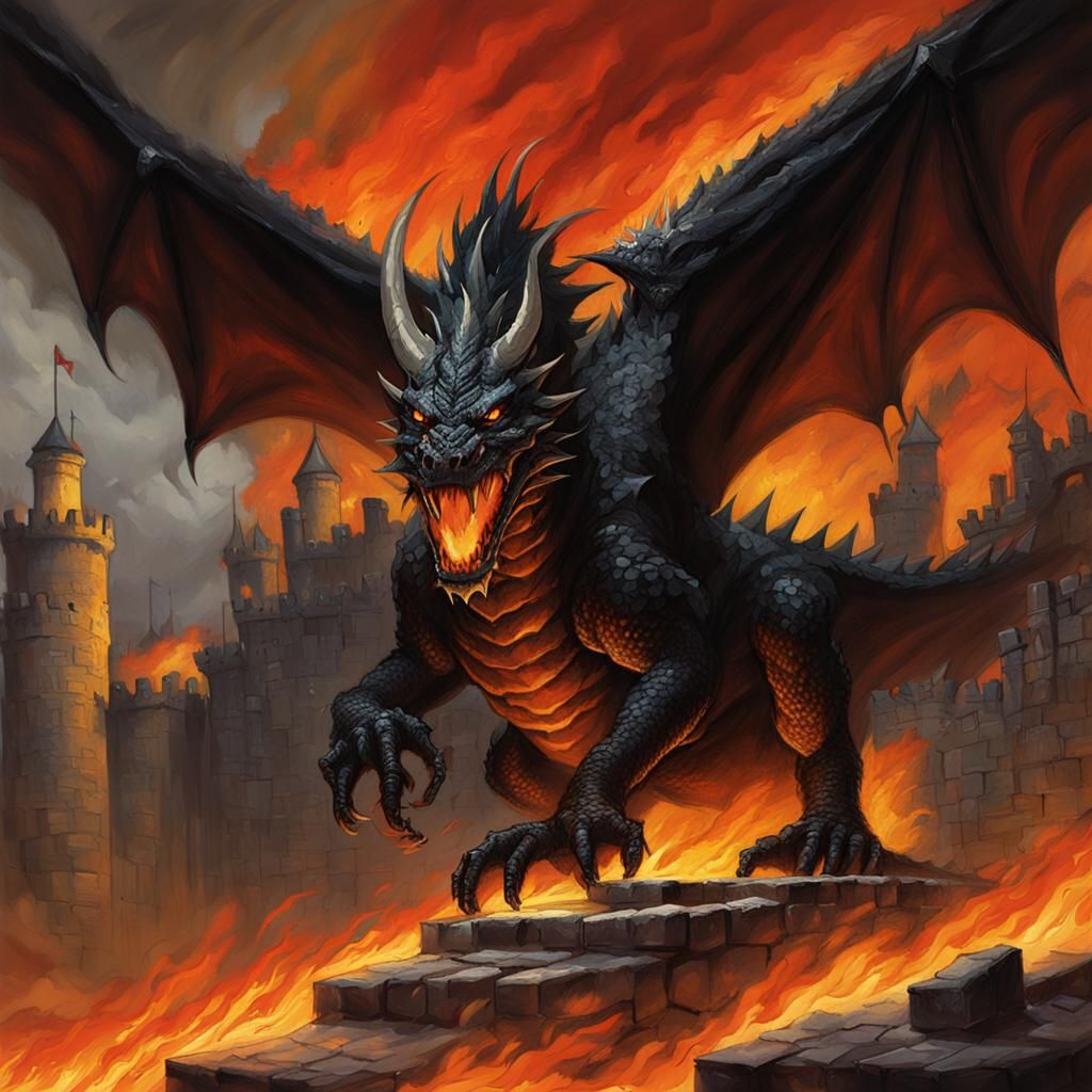 Sinister Black Dragon in Fiery Fortress