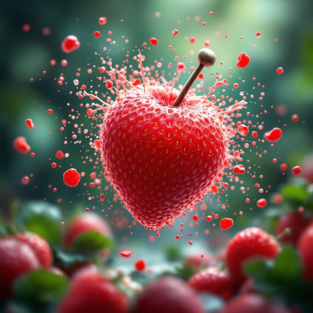 Whimsical Strawberry Grenade in Vibrant Red Explodes in a Fa...