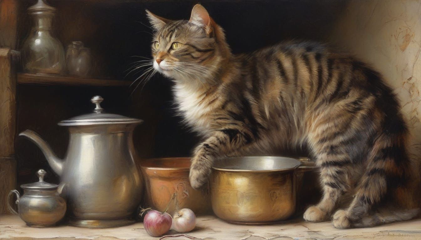 Curious Cat Inspects Stovetop Morsel in Charcoal Drawing