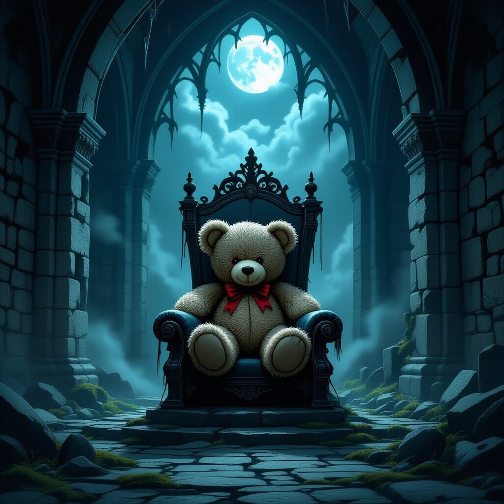 Teddy Bear King on Crumbling Throne in Gothic Castle Courtya...