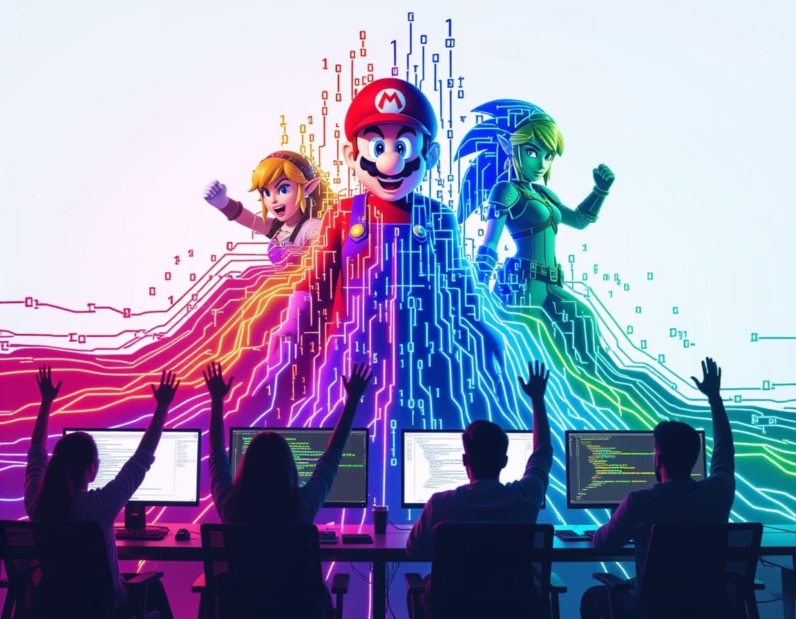 Programmers Dissolving into Digital Code Characters