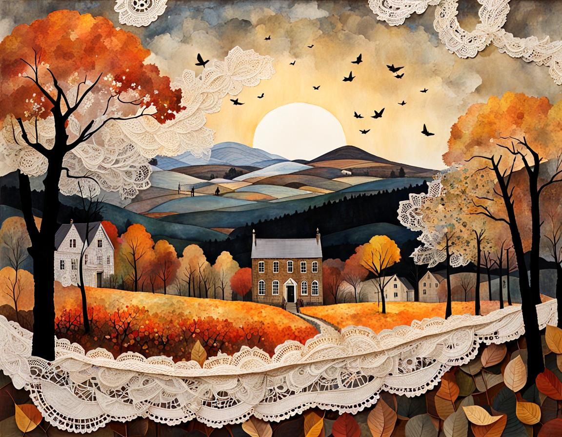 Autumn Landscape Shines: Mixed Media Collage Painting