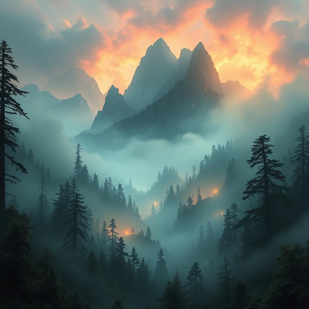 Mystical Mountains and Forests in Ethereal Light