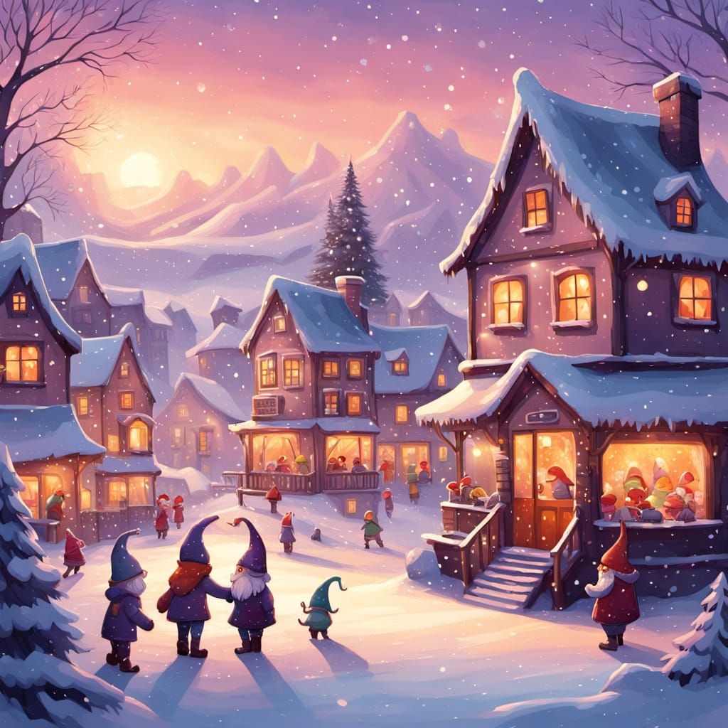 Whimsical Christmas Village with Skating Gnomes at Sunset