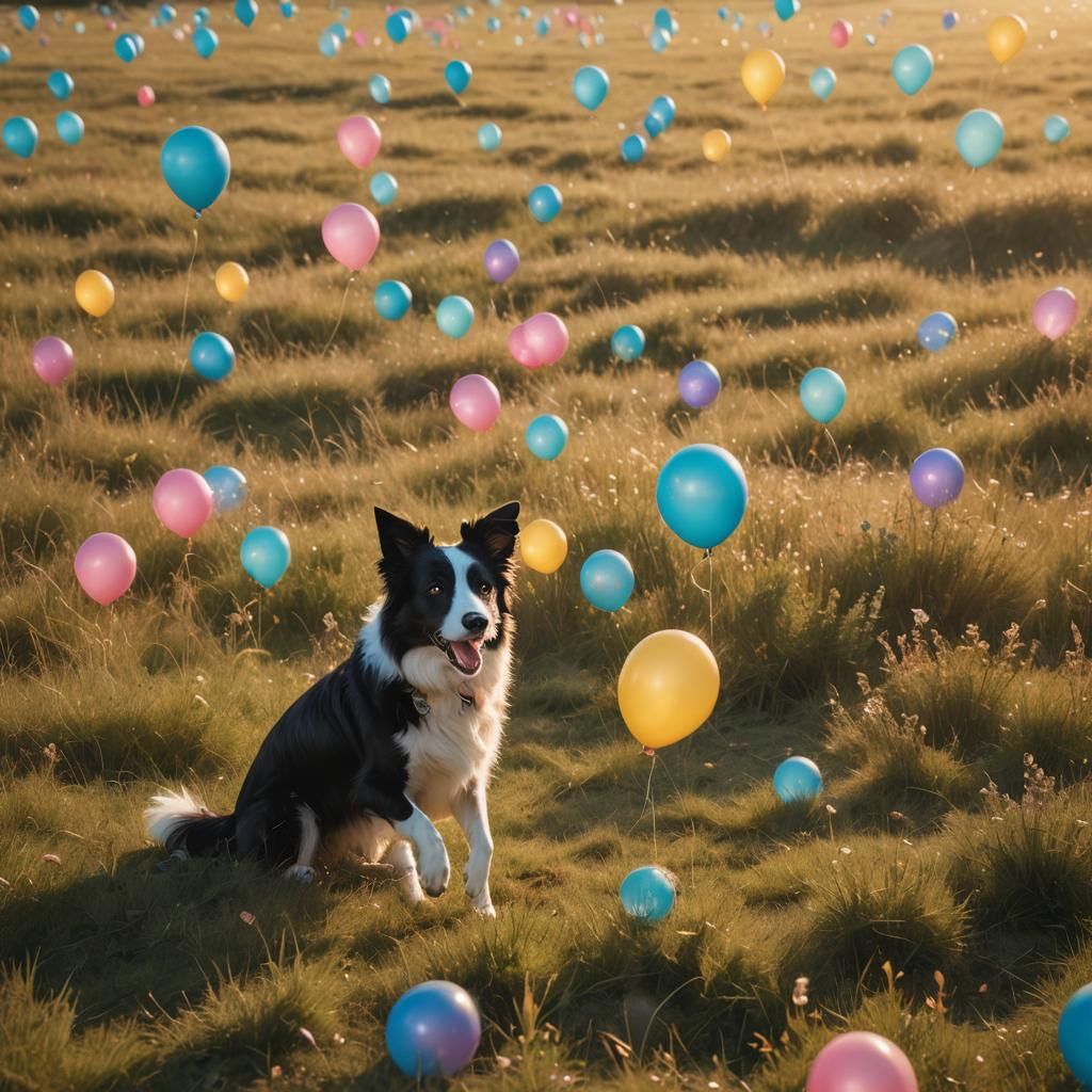 Border Collie's Joyful Balloon Play in Sunlit Meadow
