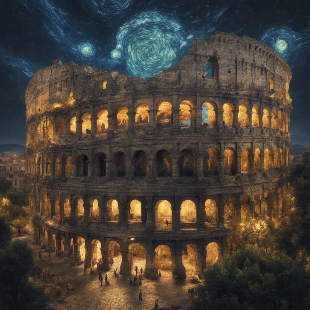 Colosseum Under Starry Night Sky: Van Gogh Style