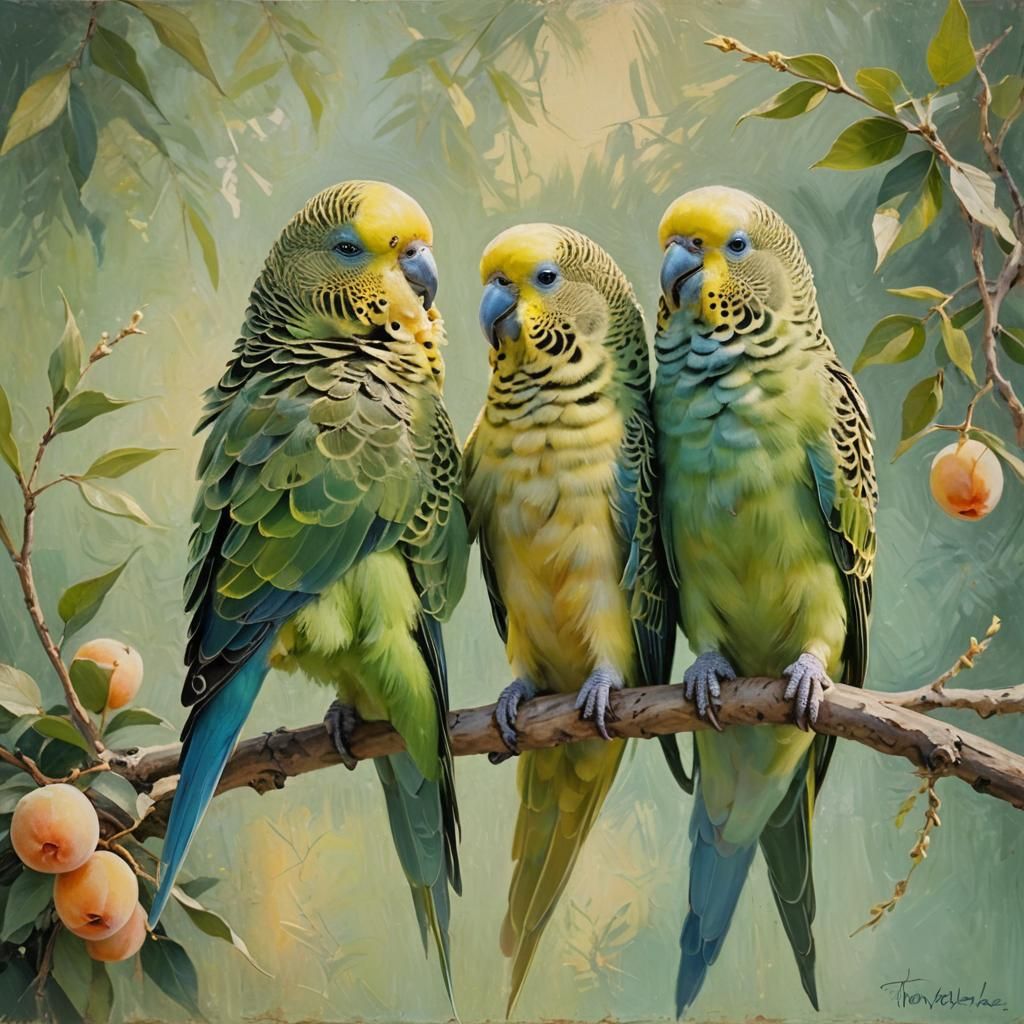 Budgies Cuddle on Branch as Impressionist Oil Painting
