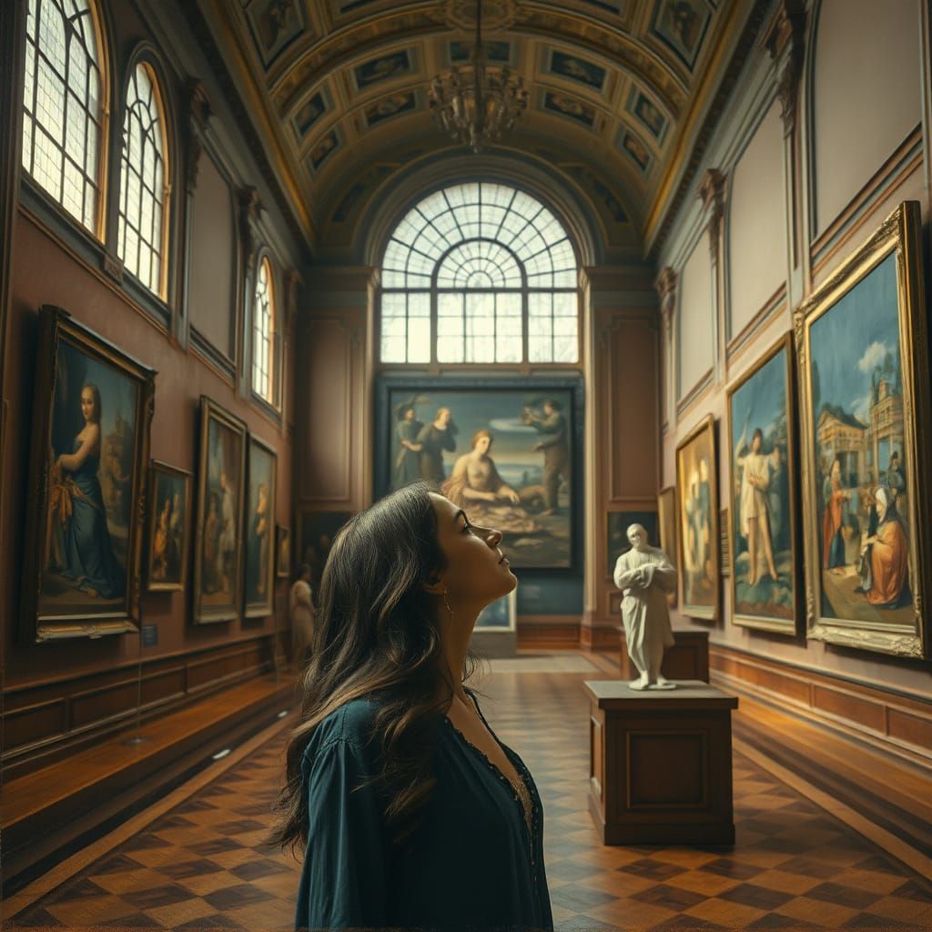 Elegant Woman Surrounded by Renaissance Masterpieces in a Se...