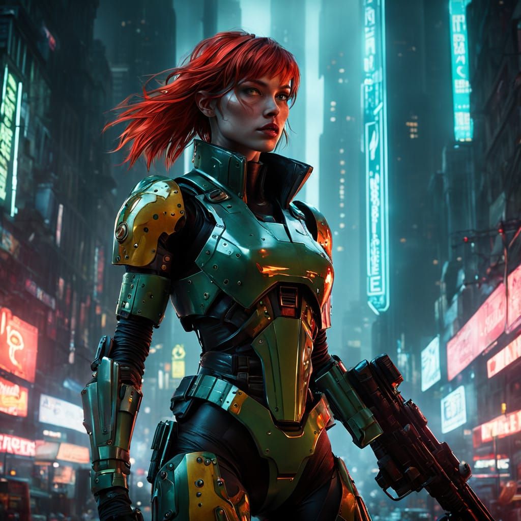 Cyberpunk Combat Gynoid in Neon-Lit Dystopia