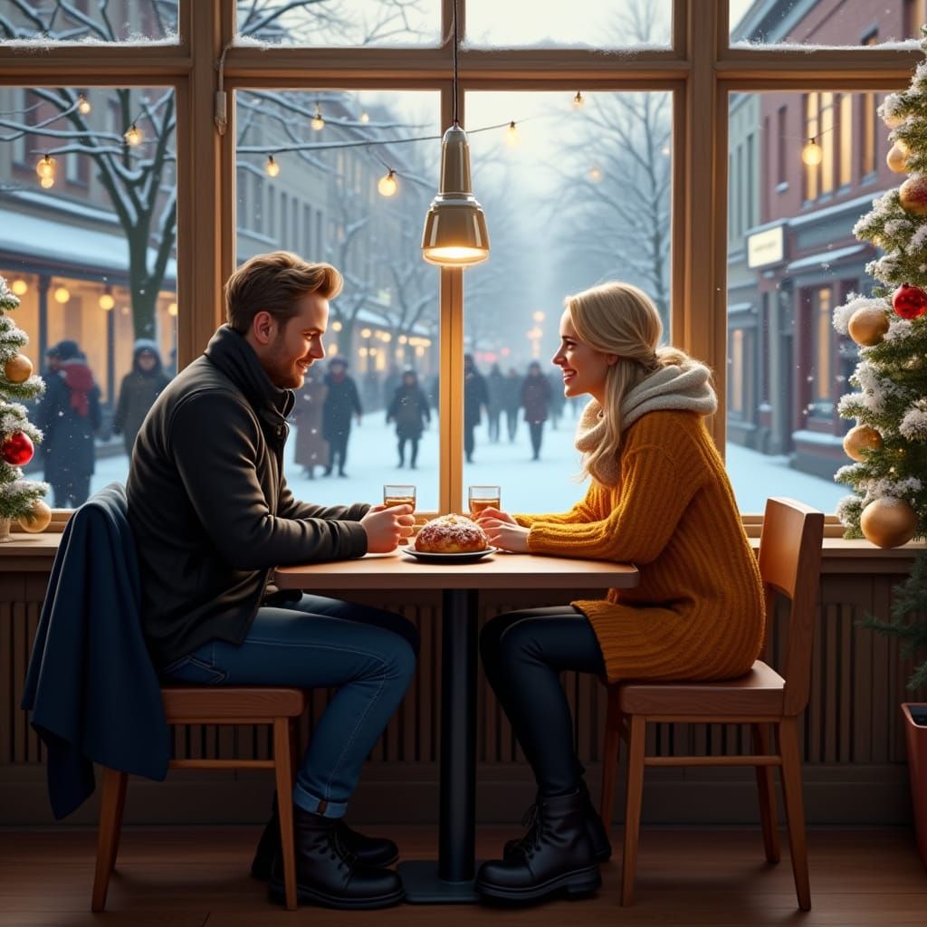 Warm Cafe Scene with Couple in Photorealistic Style