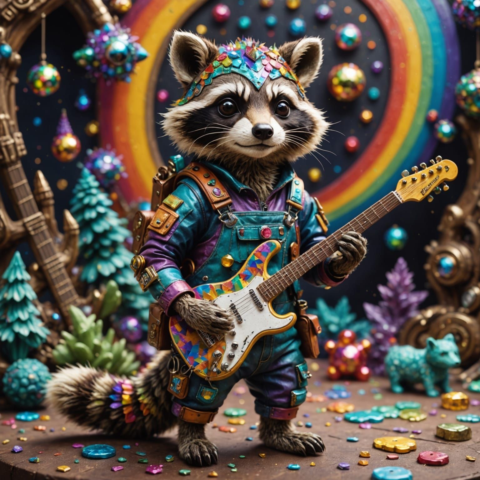 Whimsical Rainbow Raccoon Unicorn Hybrid with Stitched Leath...