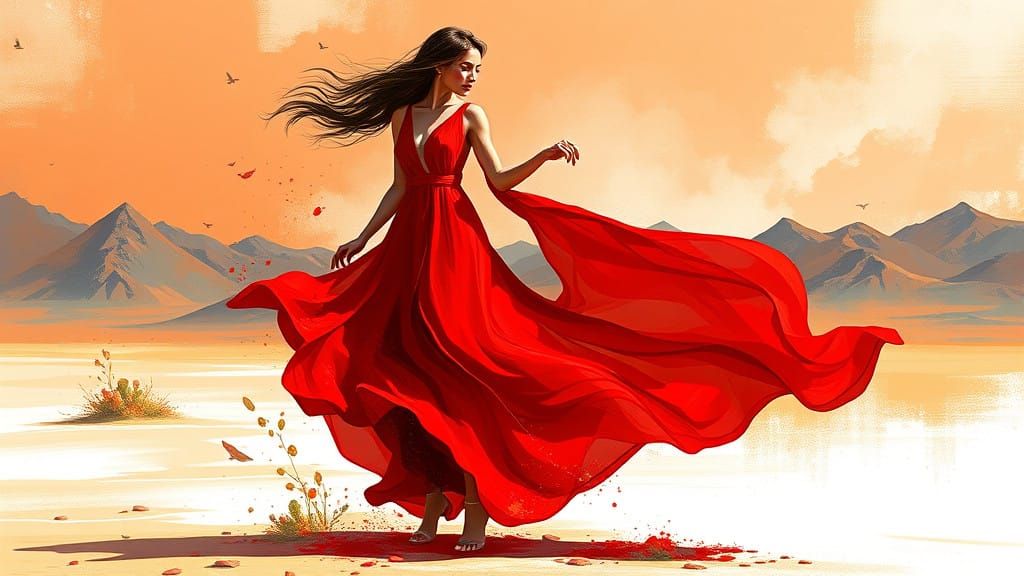 Ethereal Desert Goddess in Vibrant Red