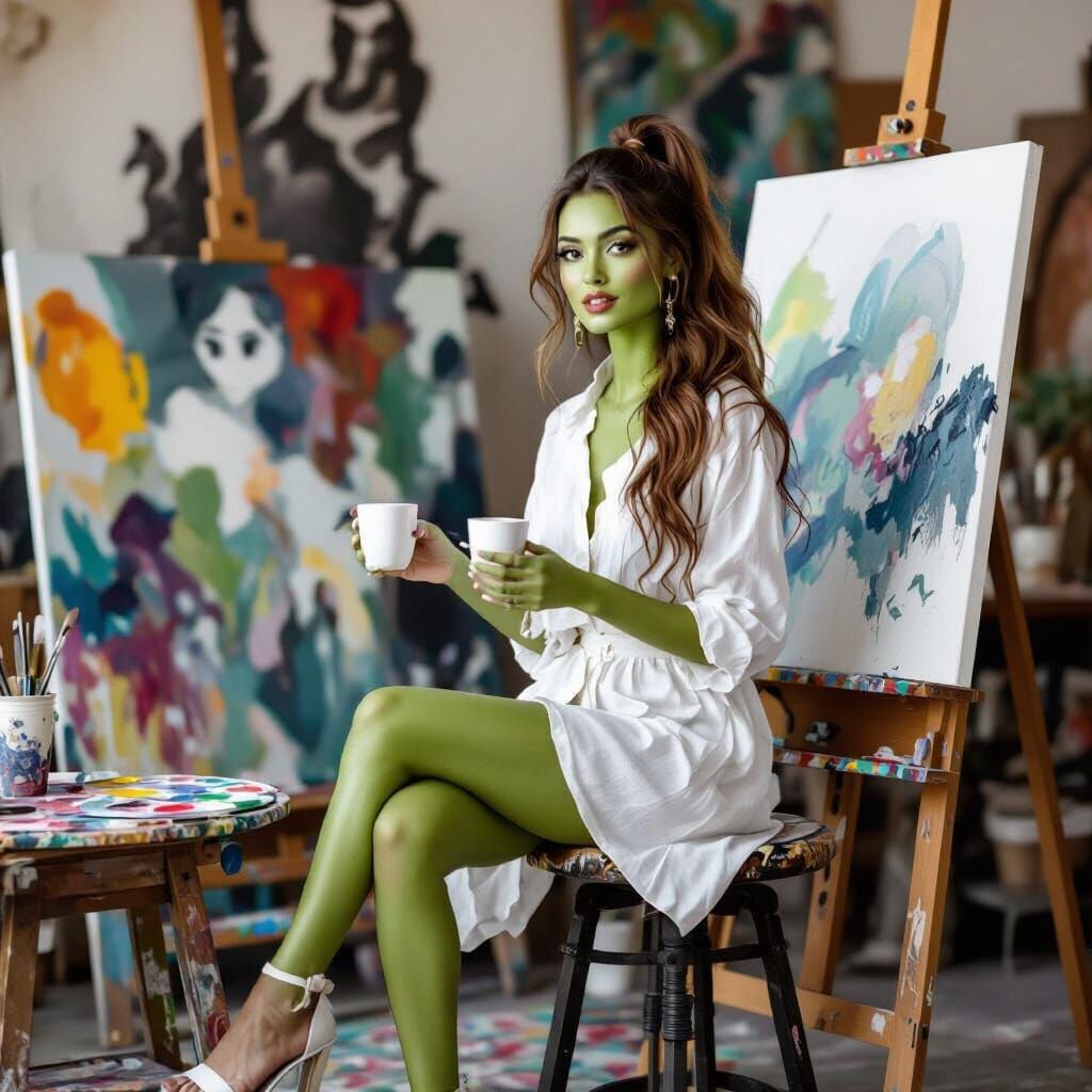 Green Skinned Artist in Vintage Art Studio