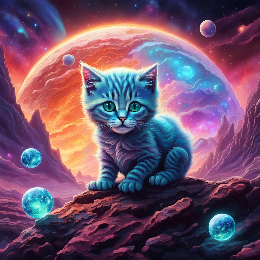 Alien Kitten's Astral Adventure: Holographic Illustration