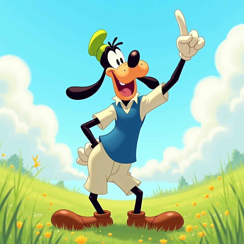 Goofy Points Skyward in Animated Meadow