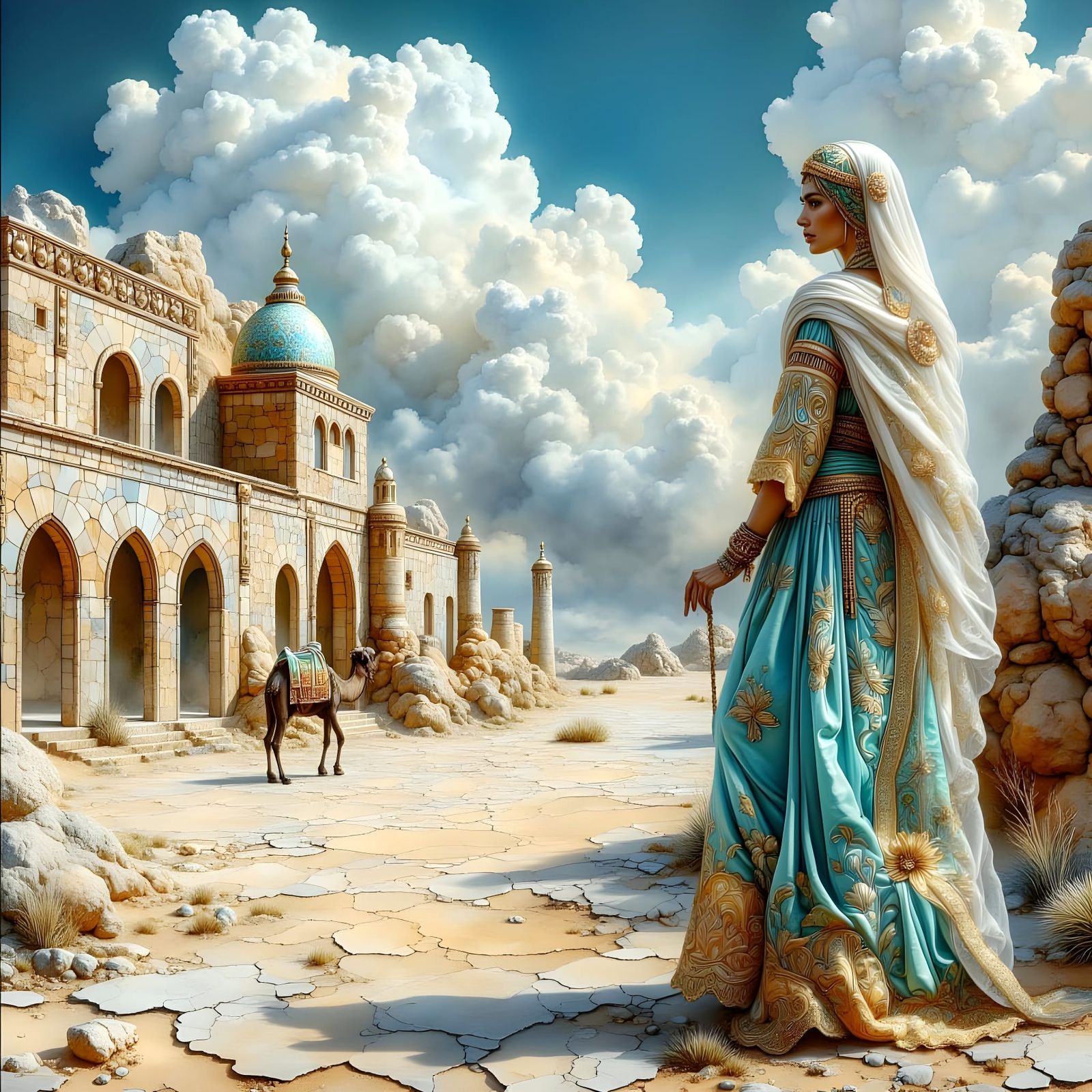 Arabian Princess in Desert Courtyard Oil Painting