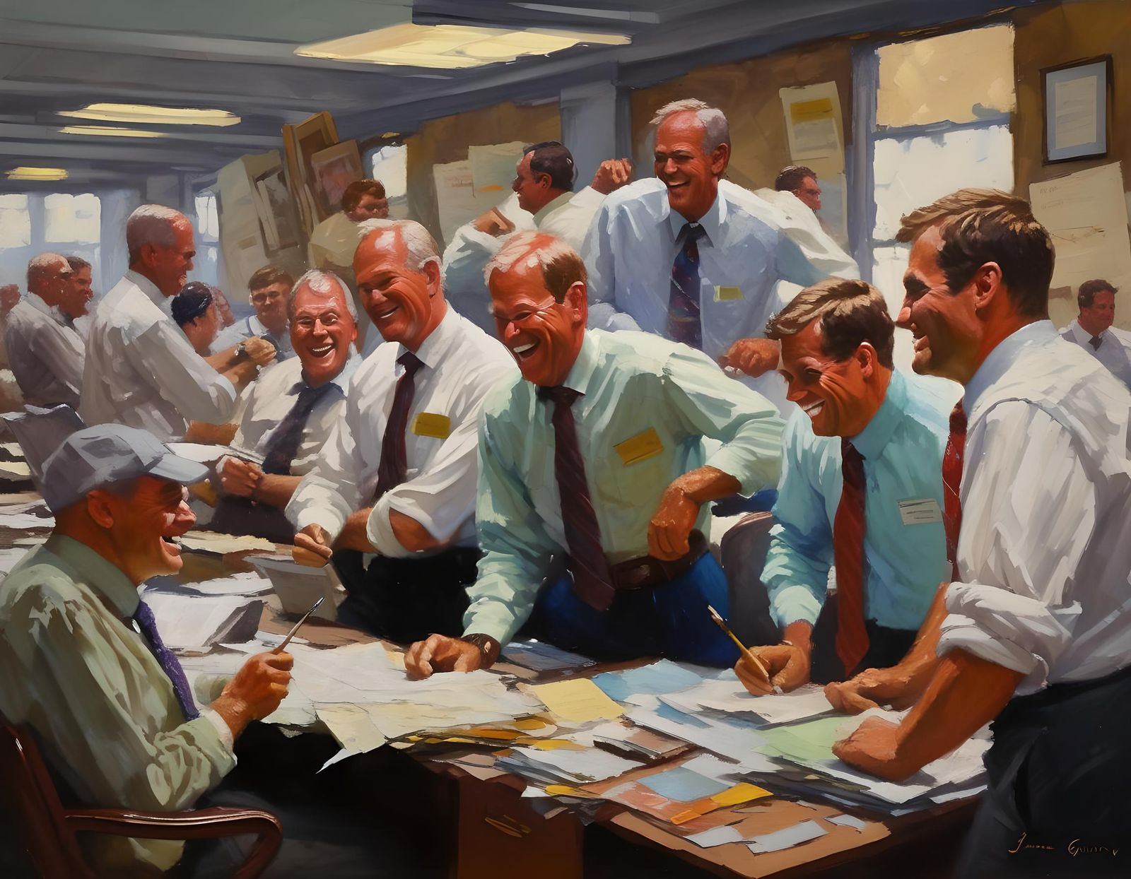 Happy Office Workers: Oil Painting Illustration