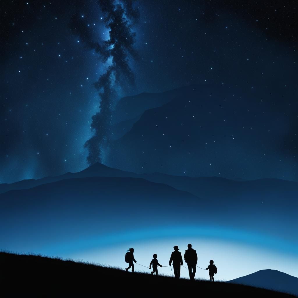 Silhouetted Family Walking at Night Under Stars