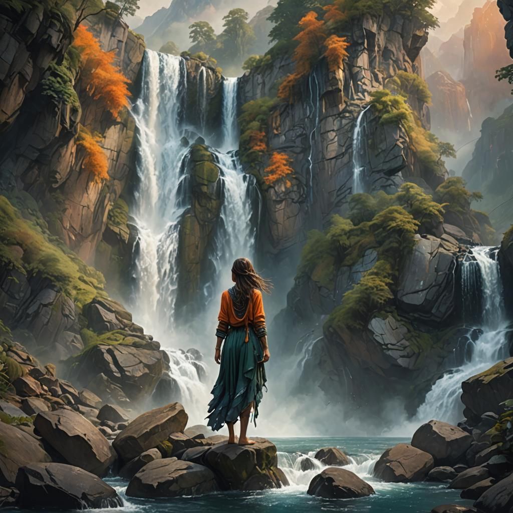 Girl in Mountain Waterfall: Fantastical Matte Painting