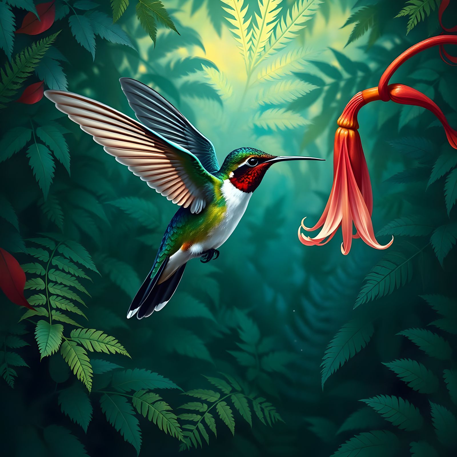 Vibrant Iridescent Hummingbird in Flight