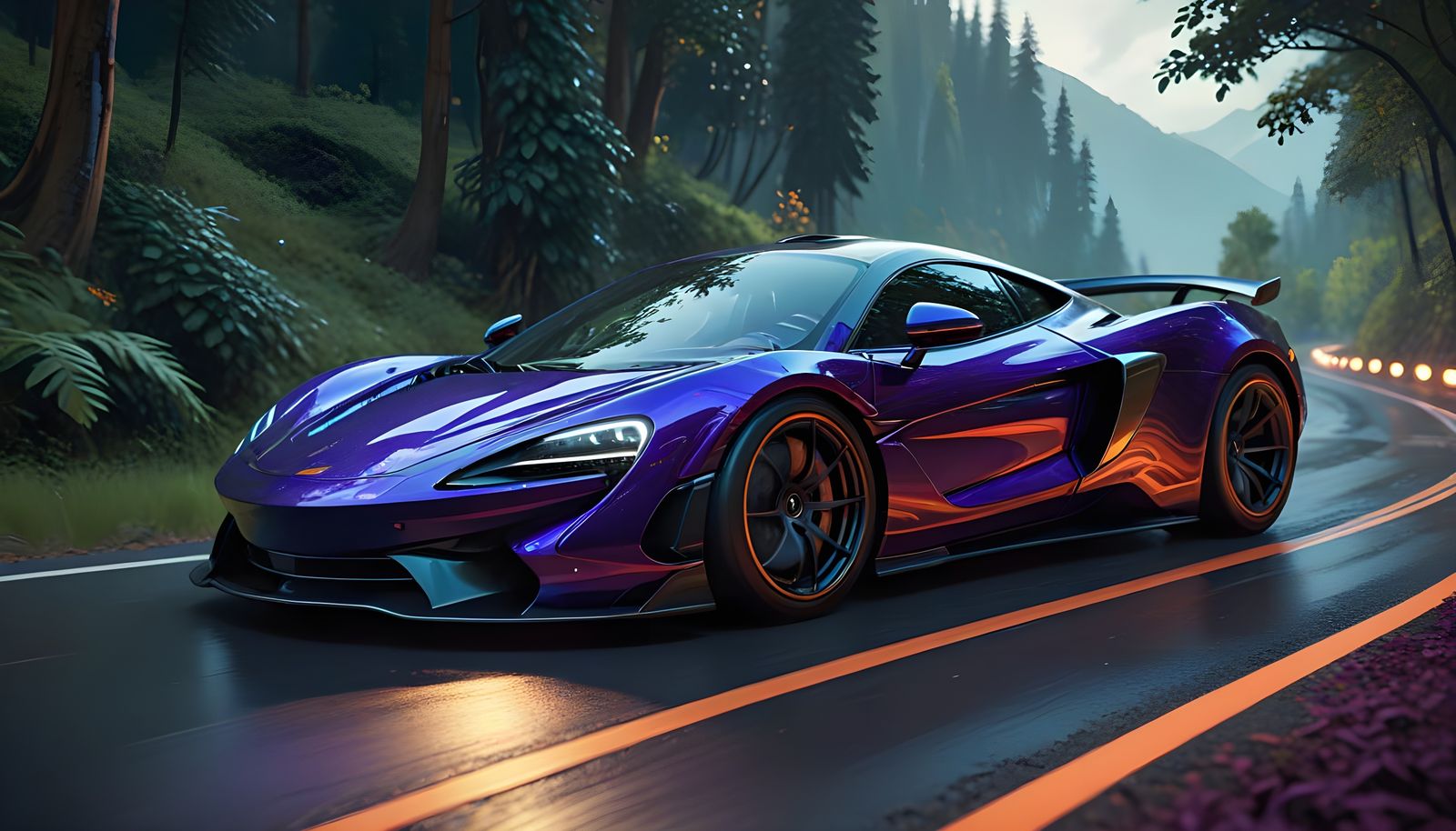 Neon McLaren GT Artura Races Mountain Road