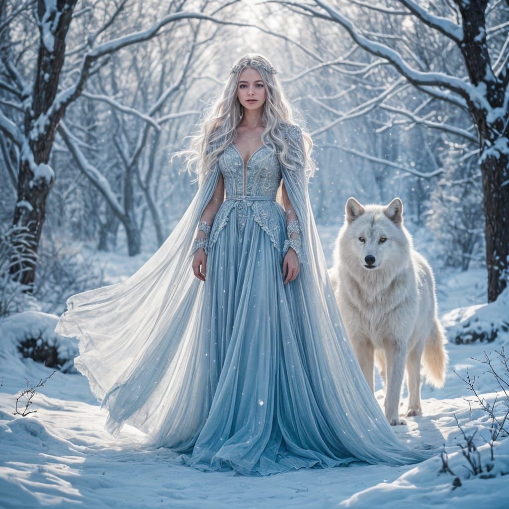 Ethereal Woman and Wolf in Pastel Winter Forest