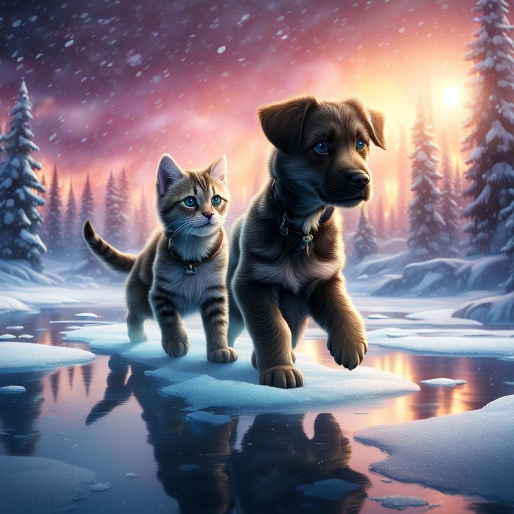 Puppy and Kitten Cross Frozen Lake Under Northern Lights