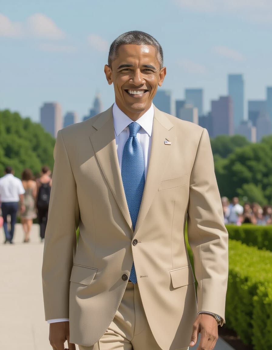 Confident Obama Look-Alike in Tan Suit