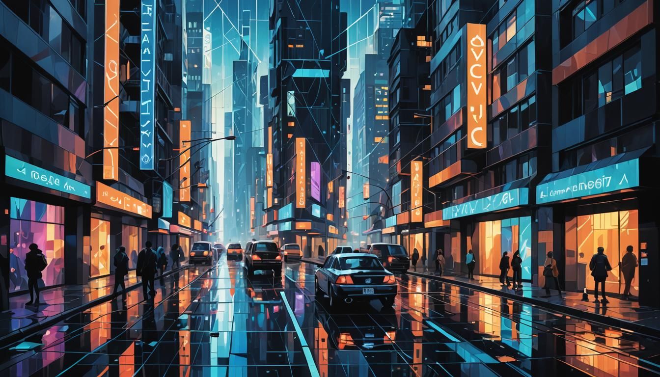 Cubist Urban Geometry with Neon Lights