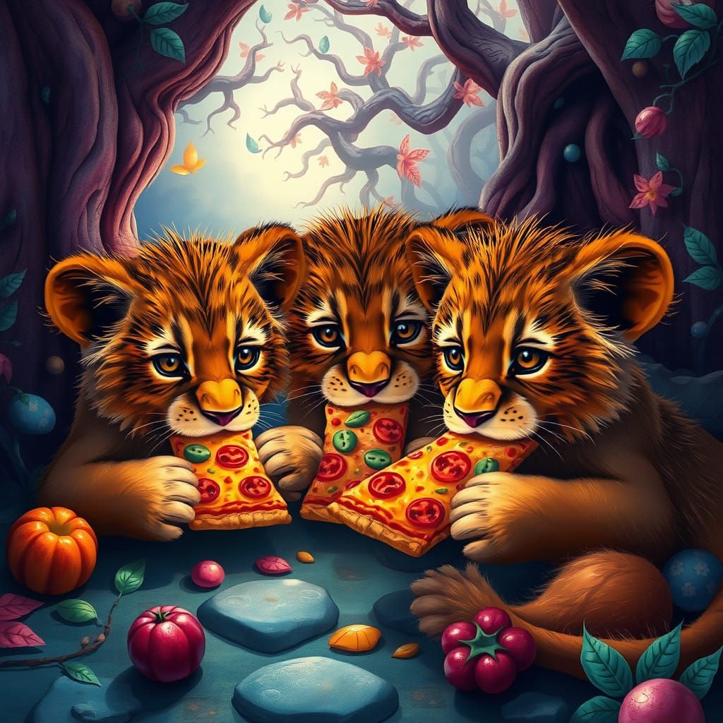 Whimsical Lion Cubs Devour Pizza in a Fantastical Setting