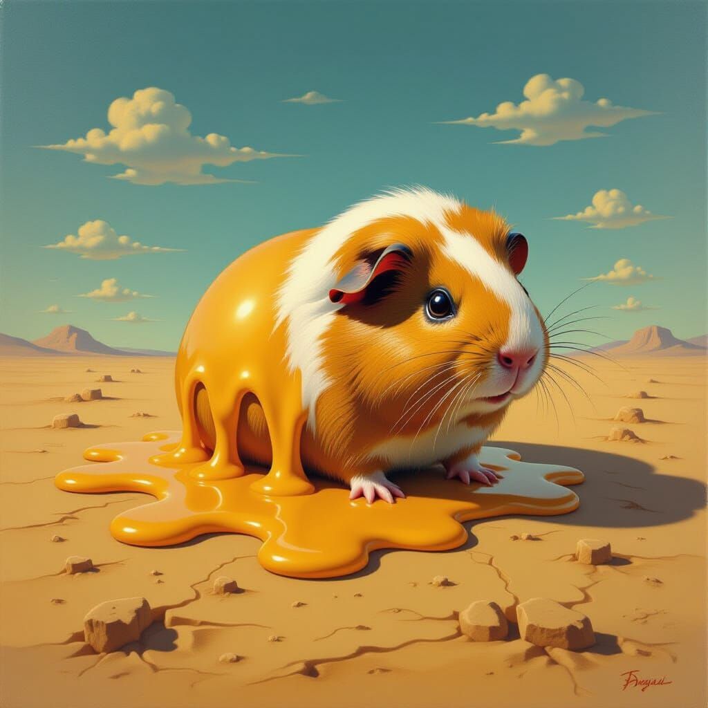 Surrealist Guinea Pig Melting on Desolate Landscape
