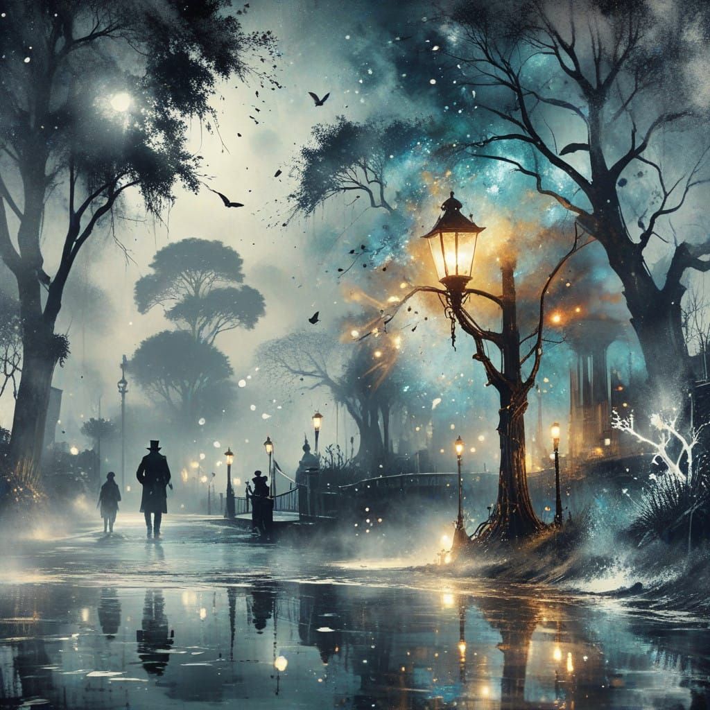 Steampunk Street Scene at Midnight