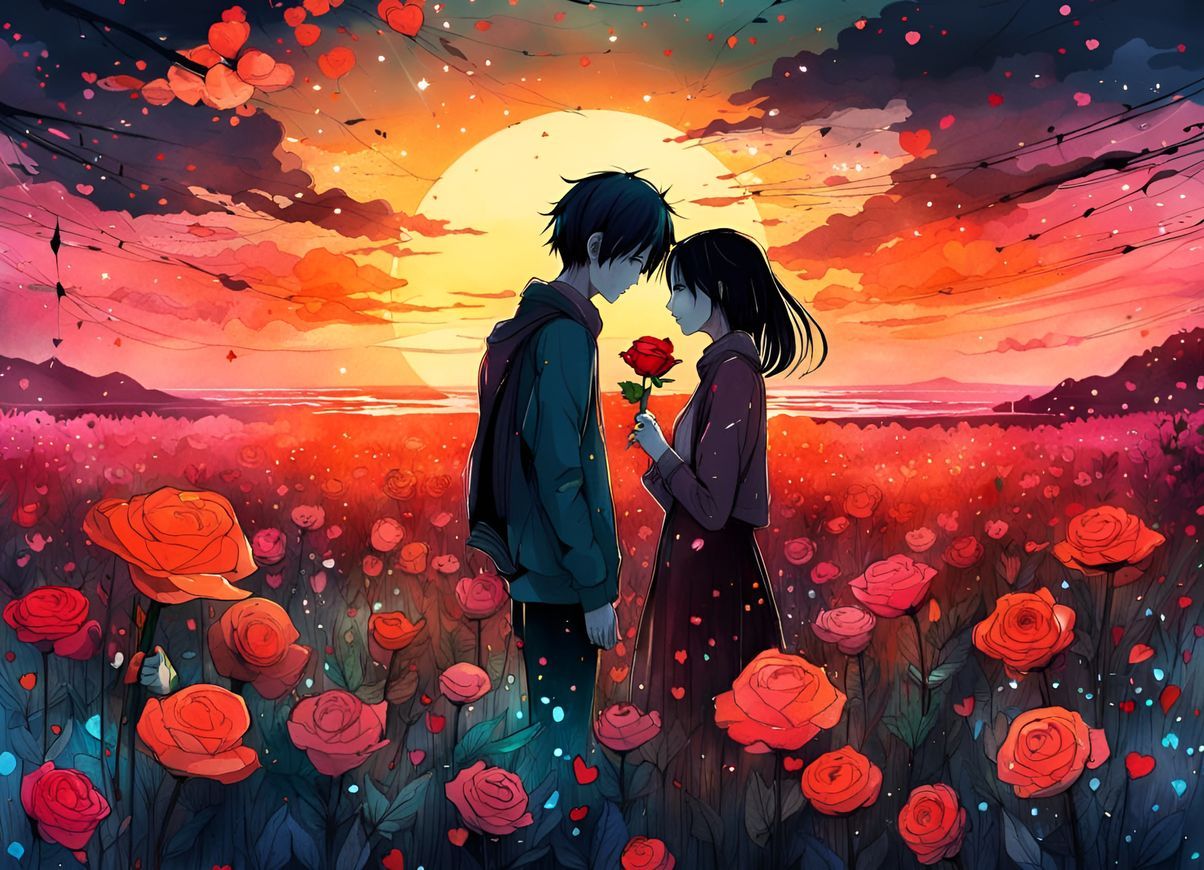 Anime Landscape: Roses at Sunset in Watercolor Style