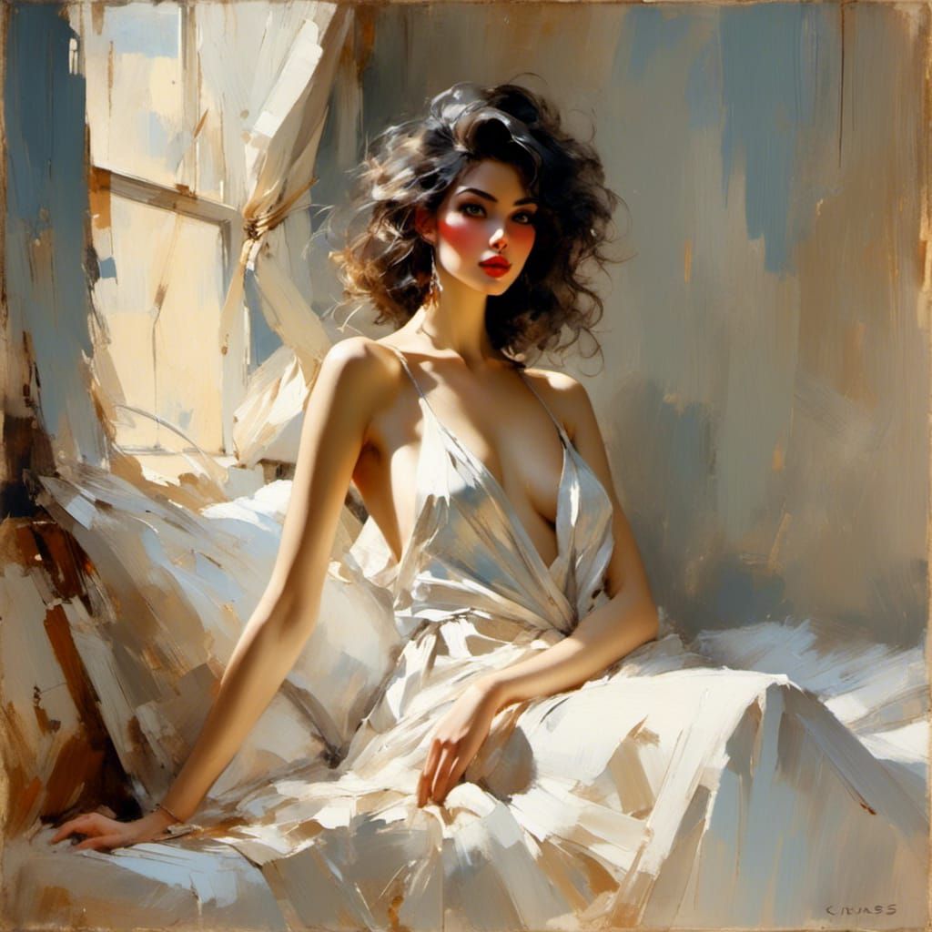 Woman on Bed in Glamorous Contemporary Illustration