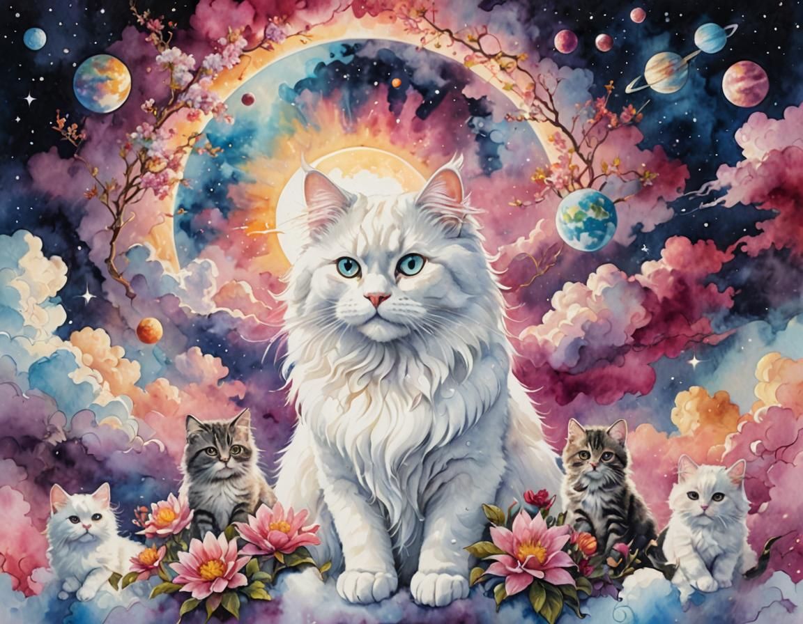 Watercolor Cat Family Above the Clouds