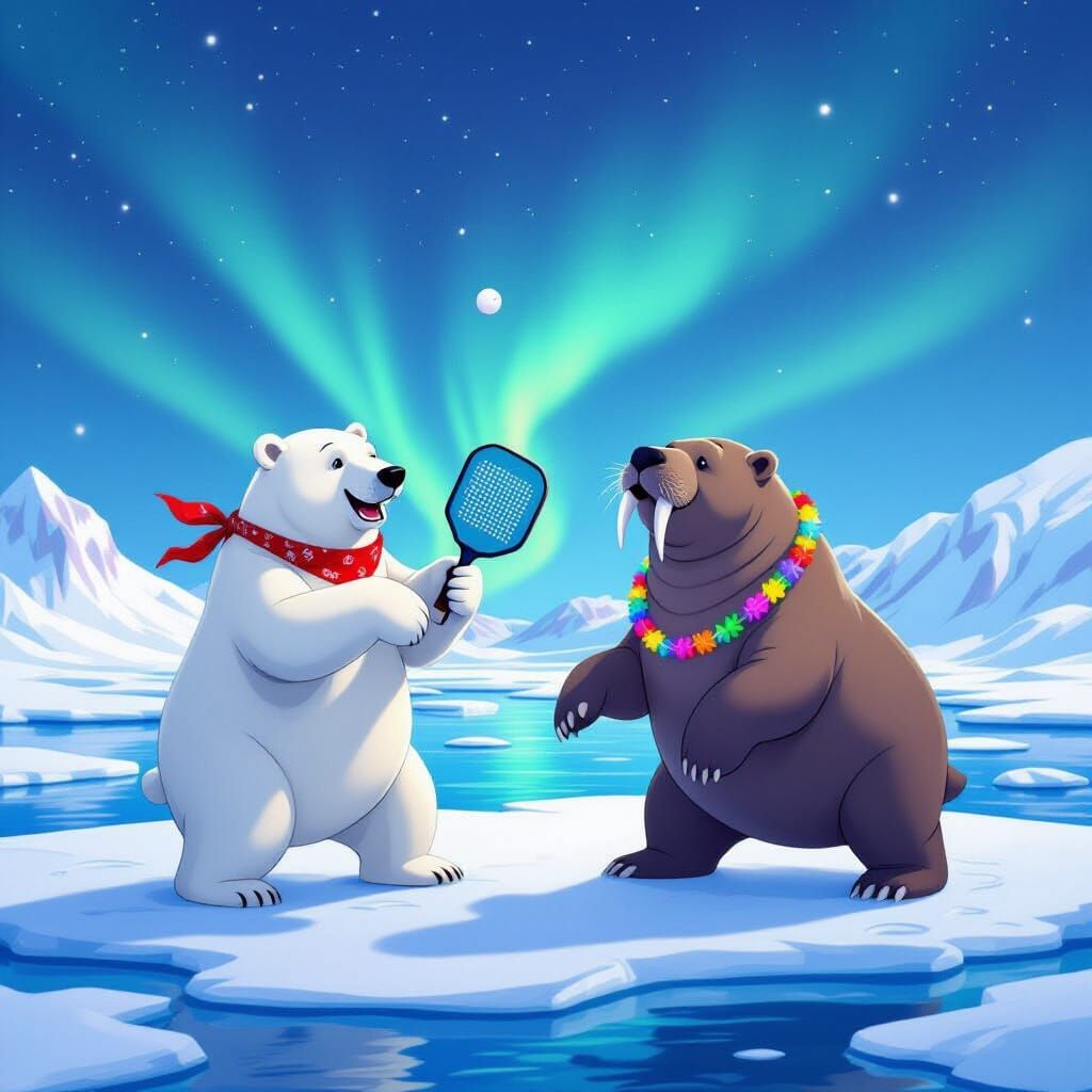 Polar Bear and Walrus Play Pickleball Under Aurora