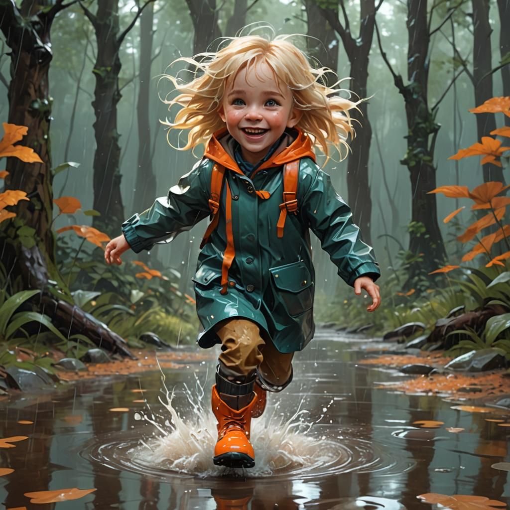 Toddler Jumping Puddles in Rainy Forest, Splash Art
