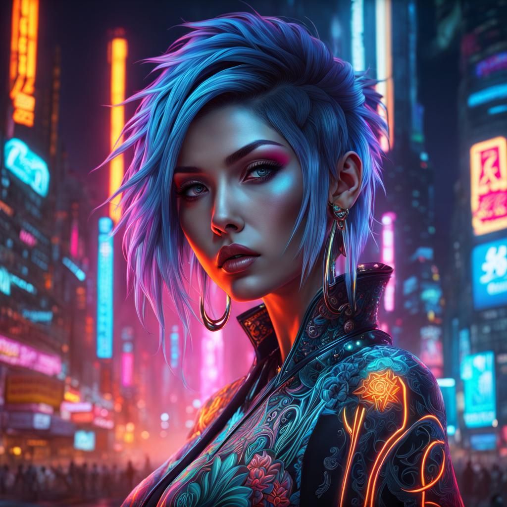 anime neon tron in cyberpunk fierce and beautiful female Yakuza with bioluminescent fractal plants tattoo