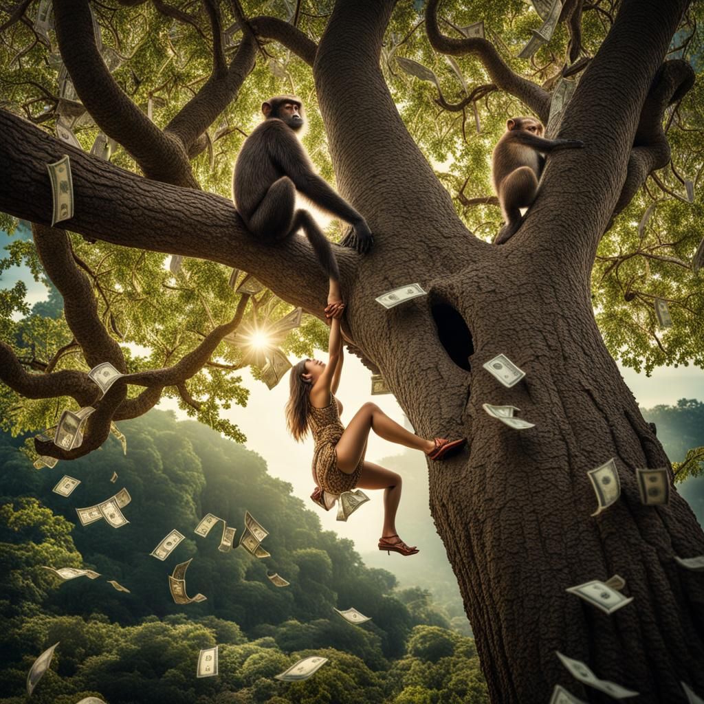 Monkey and Woman Harvesting Money from Tree
