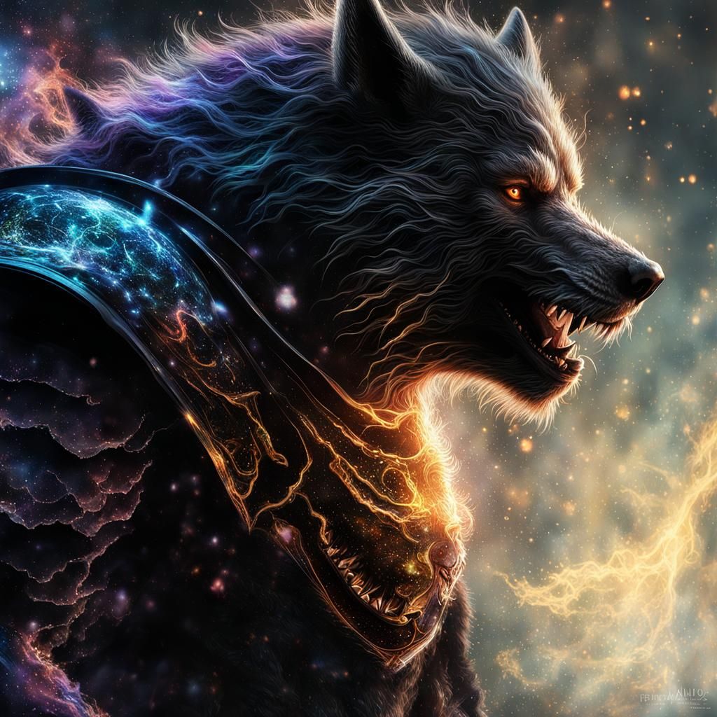 Armored Werewolf in Holographic Cosmos: Cinematic Art