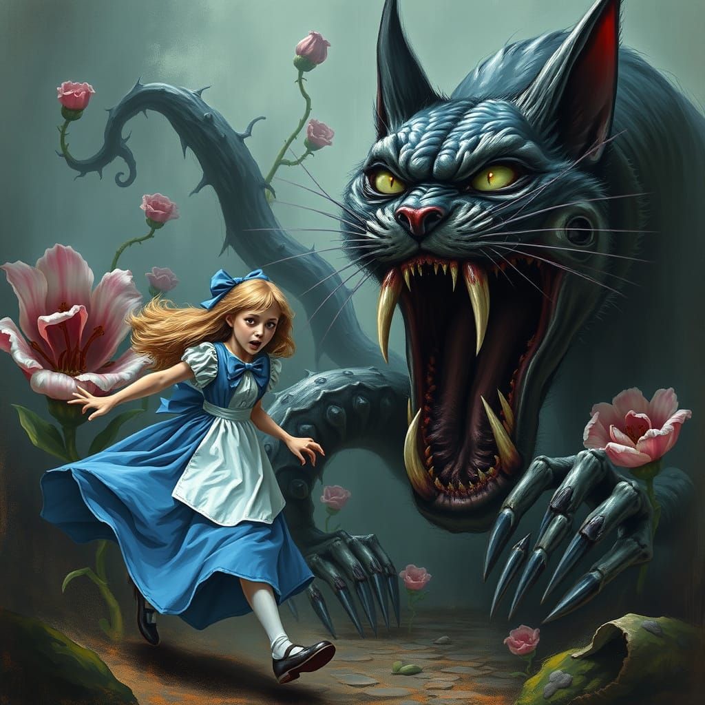 Terrified Alice Fleeing from a Grotesque Giant Cat in a Dark...