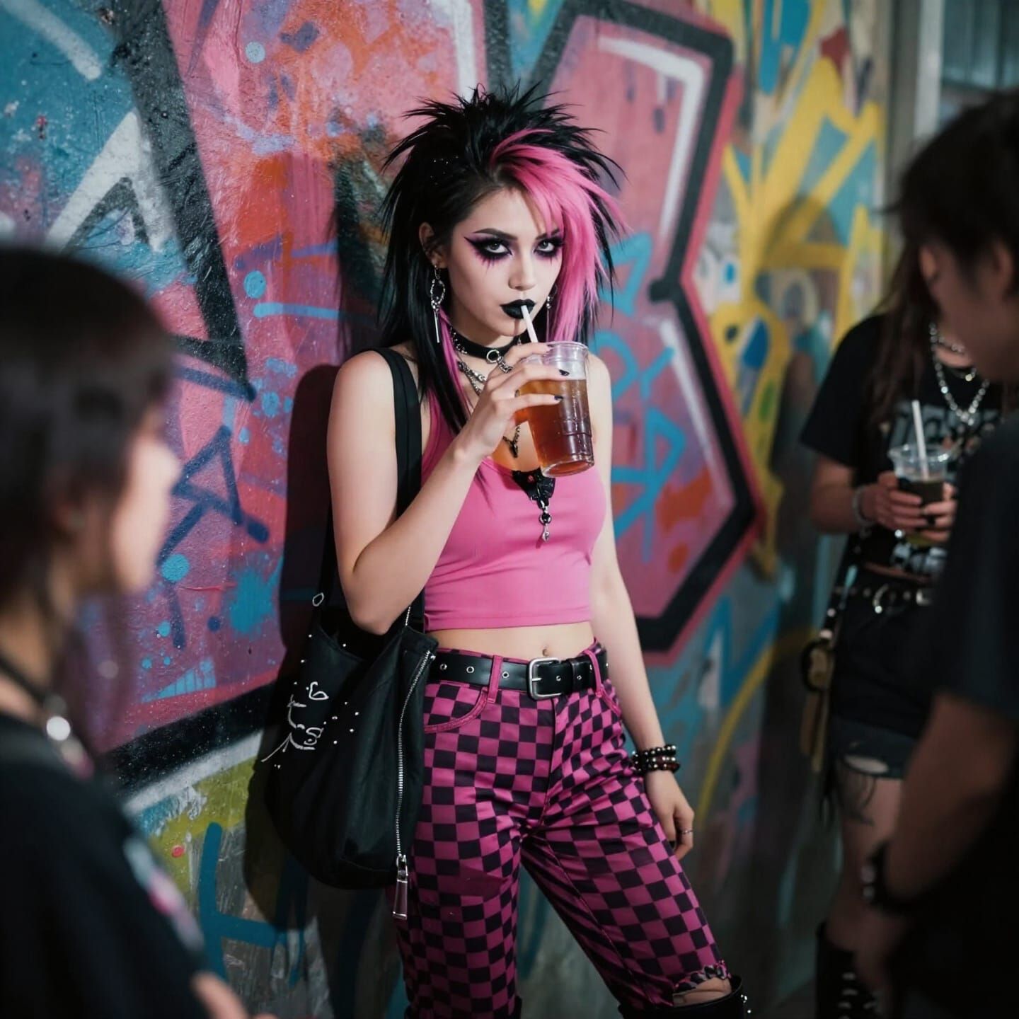 Punk Girl Sips Iced Tea by Graffiti Wall in Cinematic Style